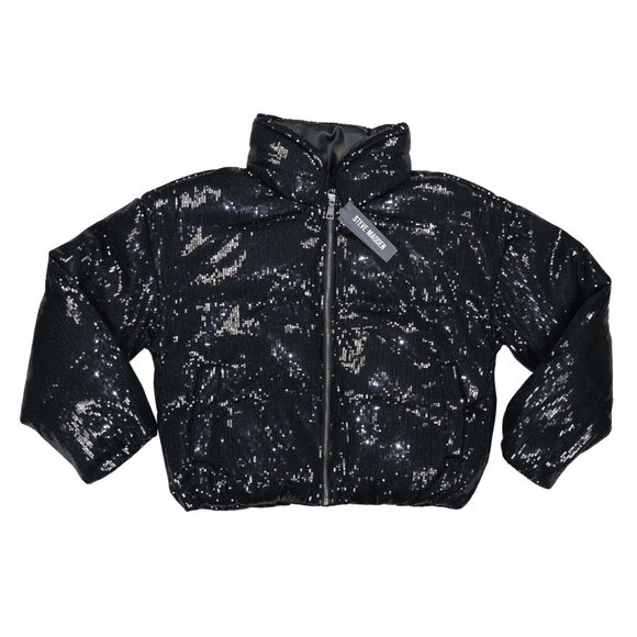 Steve Madden Stratton Sequined Puffer Style Full Zip Women's Coat M NWT Black - Picture 1 of 3